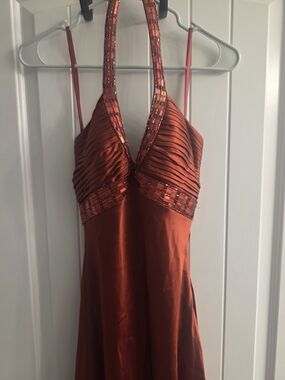 Women's Rust Halter Evening Dress with Beaded Trim